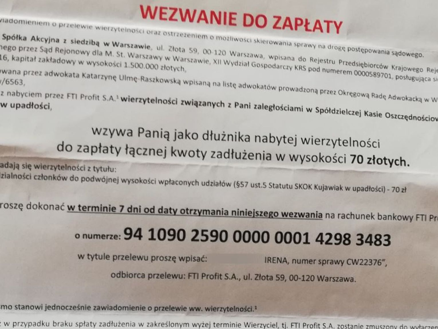 Dostałeś wezwanie do zapłaty 70 zł dla SKOK KUJAWIAK Nie płać