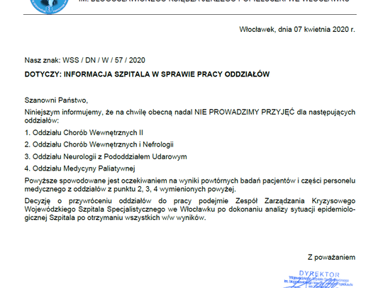 4 oddziały włocławskiego szpitala nadal nie przyjmują pacjentów