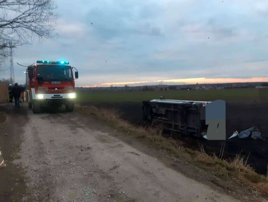 Auto jednej z firm kurierskich wypadło z drogi i przewróciło się