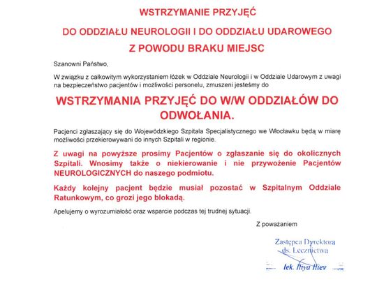 Brak miejsc na oddziałach Neurologii i Udarowym. Wstrzymano przyjęcia