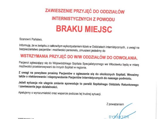 Brakuje miejsc w szpitalu, wstrzymano przyjęcia na oddziały internistyczne. Na SOR może nastąpić "paraliż"