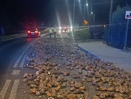 Buraki wysypały się na drogę. Ruch na trasie był utrudniony