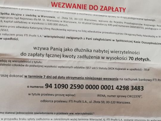 Dostałeś wezwanie do zapłaty 70 zł dla SKOK KUJAWIAK? Nie płać!