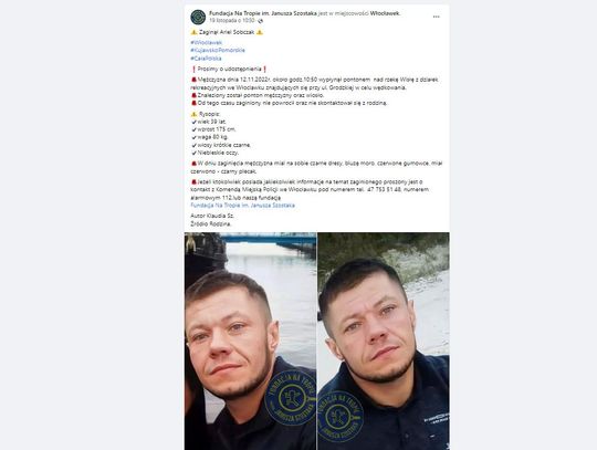 Fundacja Na tropie publikuje post o zaginionym włocławianinie. To 39-letni Ariel, który wędkował na Wiśle