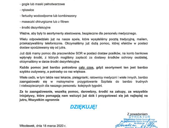 Kolejny apel, kolejnego dyrektora szpitala o pomoc. Tym razem włocławska lecznica...