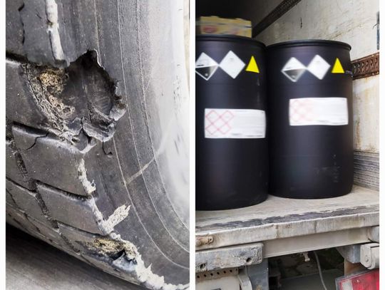 Materiały łatwopalne, żrące i trujące w niesprawnej ciężarówce na ulicach Włocławka [video]. Gdyby doszło do nagłej sytuacji na drodze, kierowca nie miałby szansy zapanować nad autem