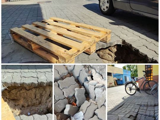 Miasto się zapada. Na dziurę przy ul. Nowcy mieszkańcy położyli paletę