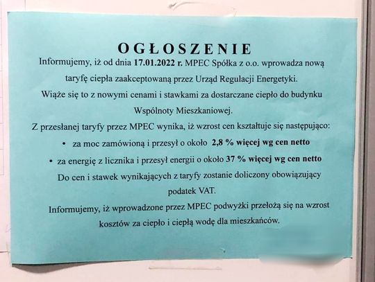 MPEC podnosi ceny za ogrzewanie. 37% za energię z licznika i przesył energii