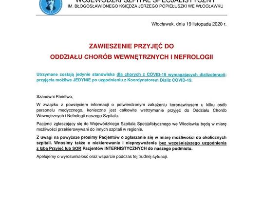 Nefrologia i Oddział Chorób Wewnętrznych. Kolejne dwa oddziały zawieszone przez koronawirusa 
