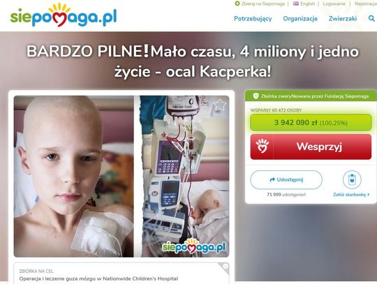Nie ma rzeczy niemożliwych! Pieniądze na uratowanie życia Kacperka uzbierane! To ponad 4 mln złotych!