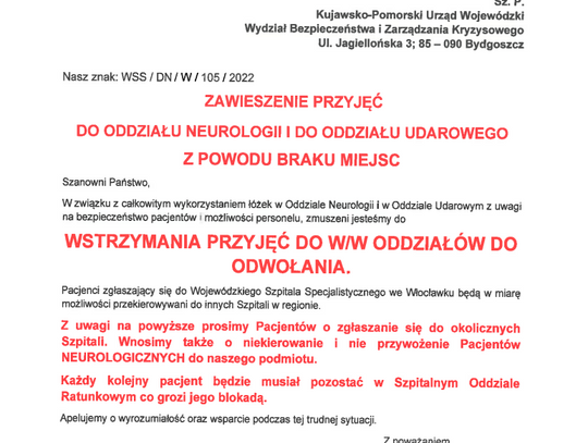 Oddział Neurologii i Oddział Udarowy zawieszone. W szpitalu brak miejsc