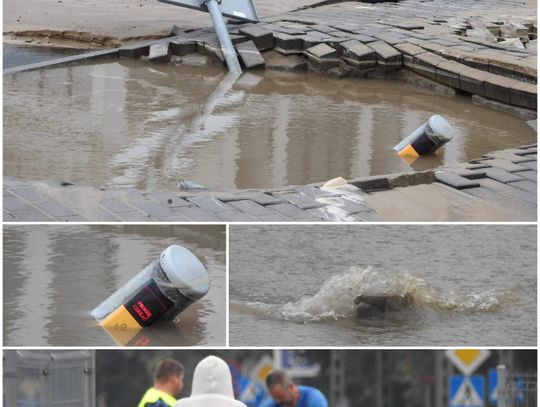 Ogromna dziura z wodą, a w niej m.in. znak drogowy. Awaria wodociągowa na skrzyżowaniu ul. Okrzei i P.O.W.