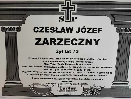 Ostatnie pożegnanie radnego Czesława Zarzecznego odbędzie się w piątek 28 lipca