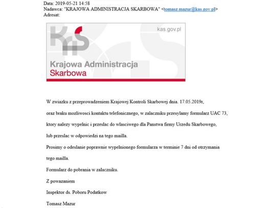 Oszuści podszywają się pod Urząd Skarbowy. Uwaga na e-maile zawierające wirusa