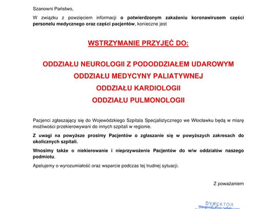 Pacjenci i personel czterech oddziałów szpitala z koronawirusem. Wstrzymane przyjęcia