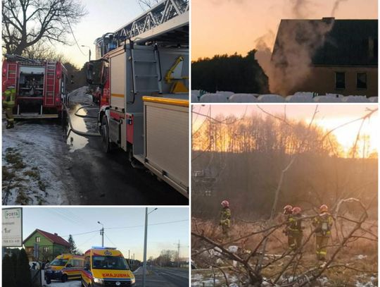 Pożar domu przy ul. Lisek, dwie osoby poszkodowane. Ogień gaszą cztery jednostki straży pożarnej 