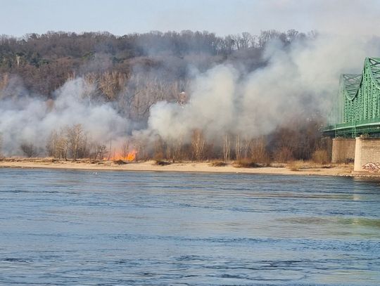 Pożar traw na Zawiślu. Gaszenie tego terenu utrudnione
