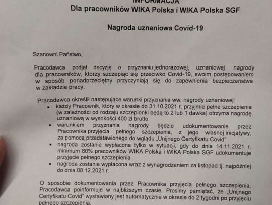 Pracownicy WIKI oburzeni: 400 zł nagrody za szczepienie przeciwko Covid-19
