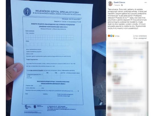 Rodząca kobieta musiała wypełnić dokumenty pacjenta zgłaszającego się z powodu podejrzenia SARS-COV-2 we włocławskim szpitalu. Mamy stanowisko dyrekcji 