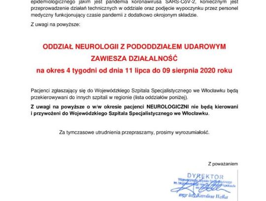 Stało się. Oddział neurologii z pododdziałem udarowym włocławskiego szpitala zawiesza działalność
