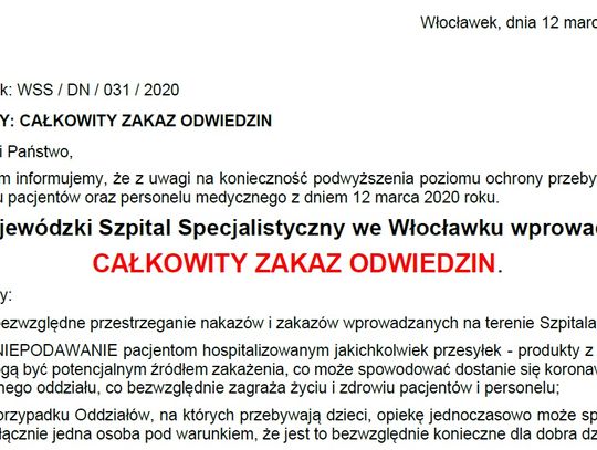 Szpital wprowadza całkowity zakaz odwiedzin, jeśli to możliwe konsultacje wyłącznie drogą telefoniczną