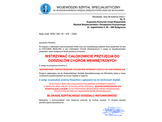 Szpital wstrzymuje przyjęcia na oddziały wewnętrzne 