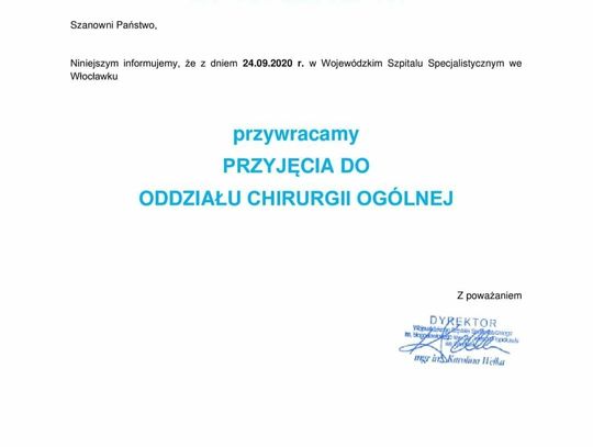 Szpital wznawia przyjęcia na oddział chirurgii ogólnej 