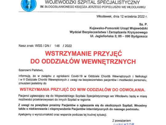 Szpital zamyka dwa oddziały z powodu wirusa