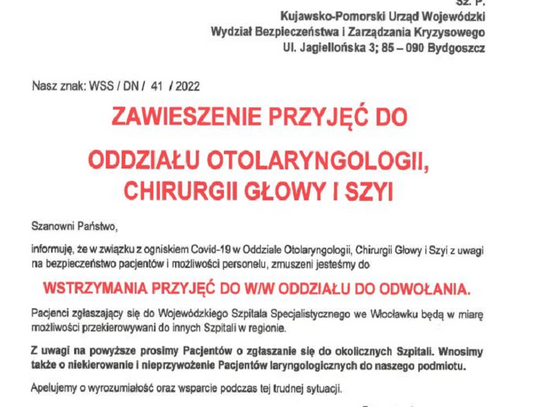 Szpital zawiesił przyjęcia do Oddziału Otolaryngologii, Chirurgii Głowy i Szyi. Są także dobre informacje