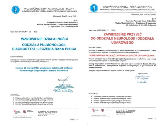 Szpital zawiesił przyjęcia na oddział neurologii i udarowy, ale wznowił na oddział pulmonologii diagnostyki i raka płuc