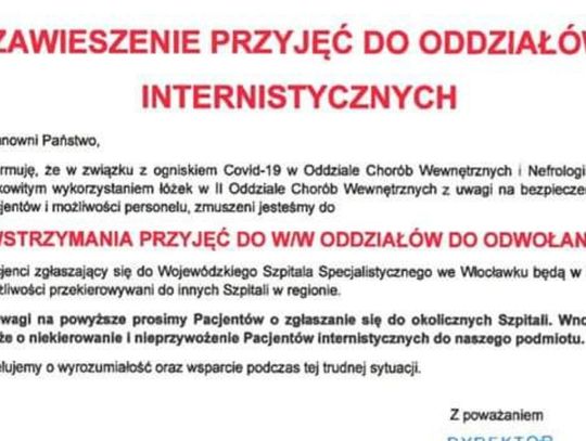 Szpital zawiesił przyjęcia na oddziały internistyczne