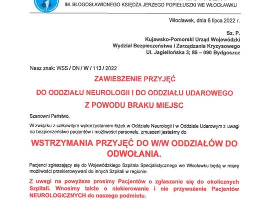 Szpital zawiesza przyjęcia na oddział Neurologii i oddział Udarowy