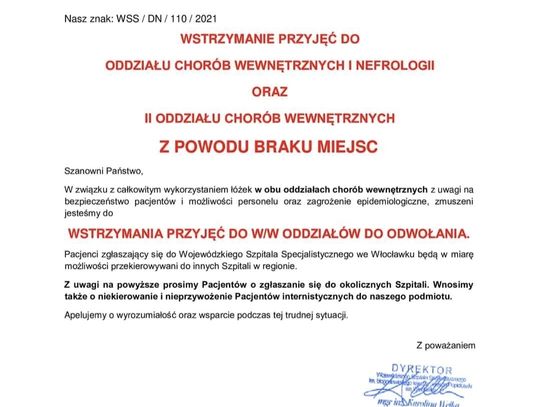 Szpital znów wstrzymuje przyjęcia. Tym razem na dwa oddziały wewnętrzne 