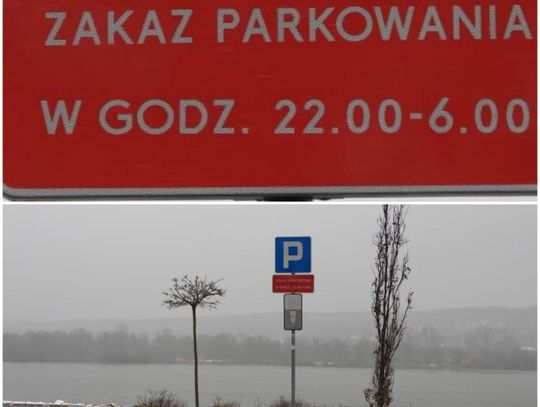 Tabliczka o zakazie parkowania przy przystani bezprawny. Do czasu ustawienia prawidłowego znaku można tam parkować
