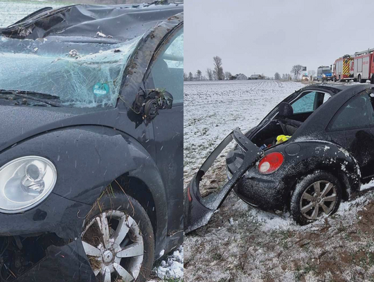 Dachowanie Volkswagena w regionie. Pasażerka odniosła obrażenia