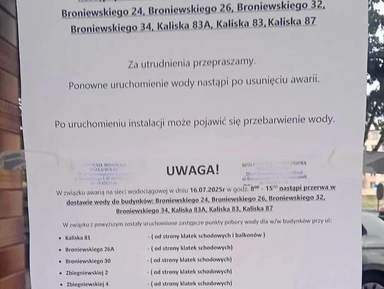 W  środę 16 lipca przerwa w dostawie wody dla mieszkańców ul. Broniewskiego i Kaliskiej