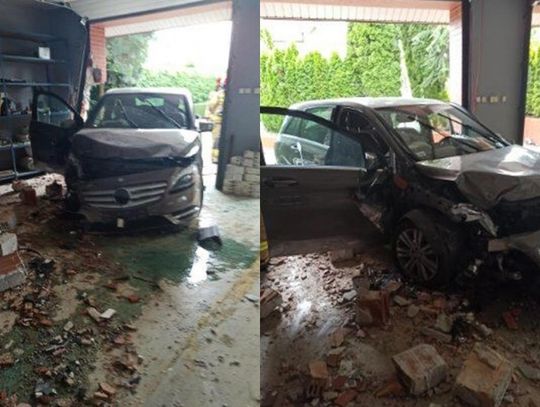 Wjechała w ścianę garażu samochodem osobowym. Na skutek wypadku dwójkę dzieci odwieziono do szpitala