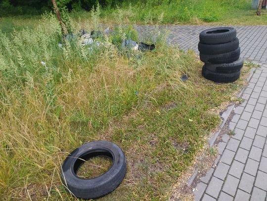 Wzdłuż ulicy Obwodowej wyrzucono opony i butelki. Śmieci czy surowce?