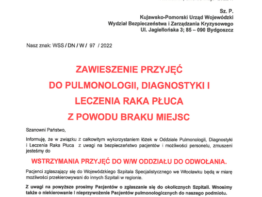 Zawieszenie przyjęć do oddziału Pulmonologii, Diagnostyki i Leczenia Raka Płuca w Wojewódzkim Szpitalu Specjalistycznym we Włocławku