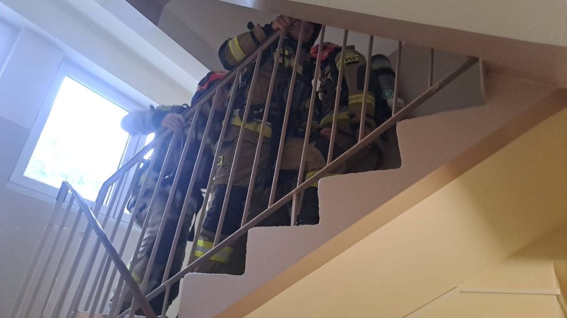 Akcja w wieżowcu przy Broniewskiego. Strażacy z butlami wchodzili na ostatnie piętro