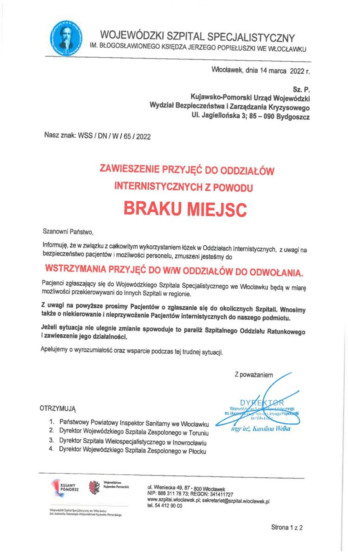 Brakuje miejsc w szpitalu, wstrzymano przyjęcia na oddziały internistyczne. Na SOR może nastąpić "paraliż" Brakuje miejsc w szpitalu, wstrzymano przyjęcia na oddziały internistyczne. Na SOR może nastąpić "paraliż"