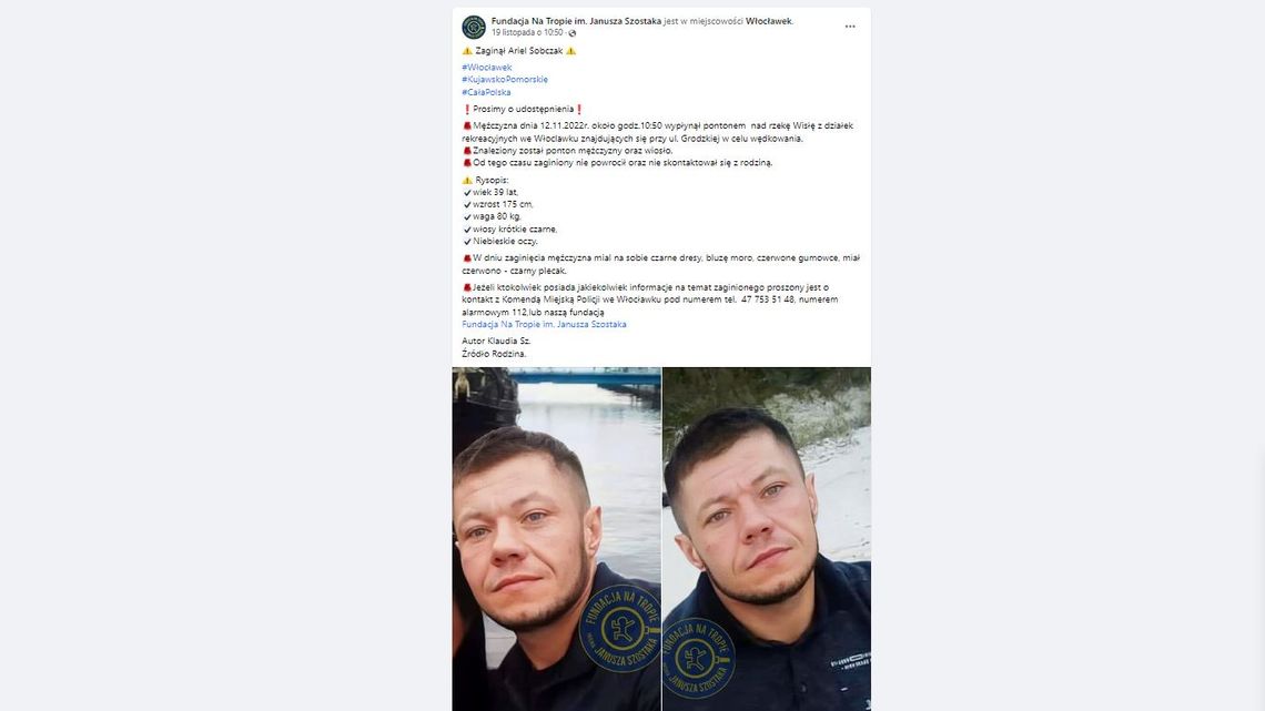 Fundacja Na tropie publikuje post o zaginionym włocławianinie. To 39-letni Ariel, który wędkował na Wiśle