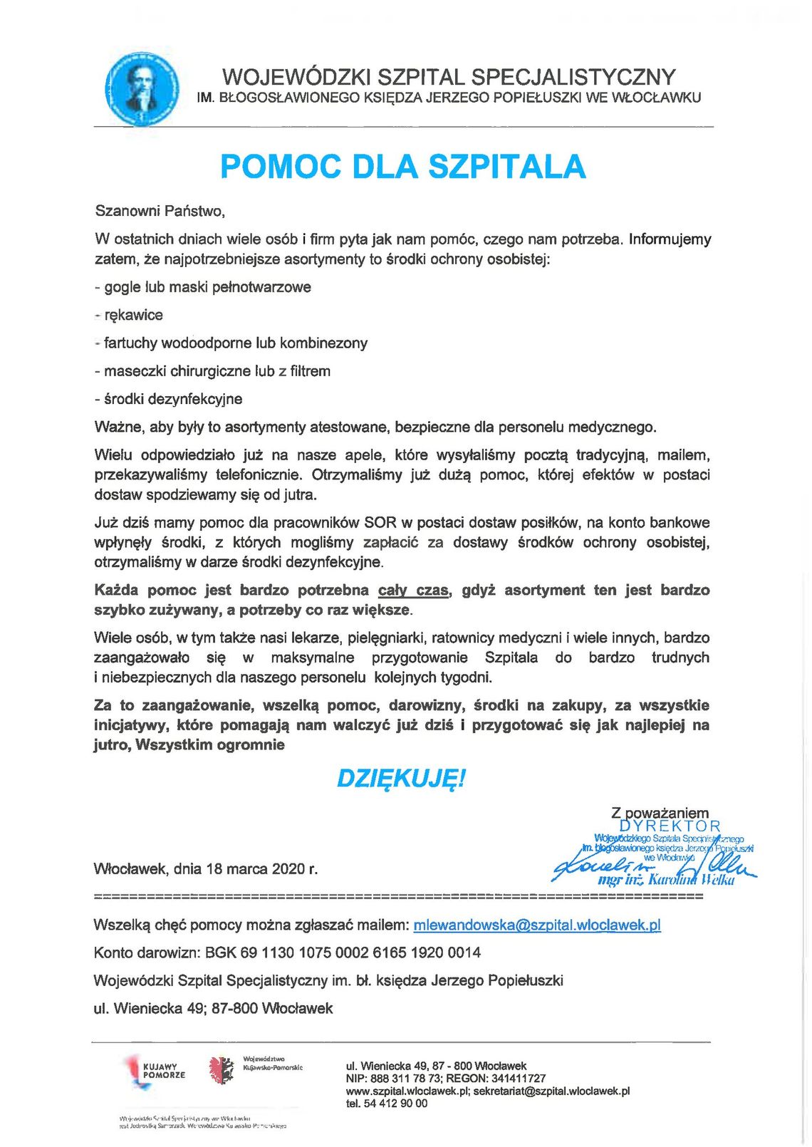 Kolejny apel, kolejnego dyrektora szpitala o pomoc. Tym razem włocławska lecznica... Kolejny apel, kolejnego dyrektora szpitala o pomoc. Tym razem włocławska lecznica...