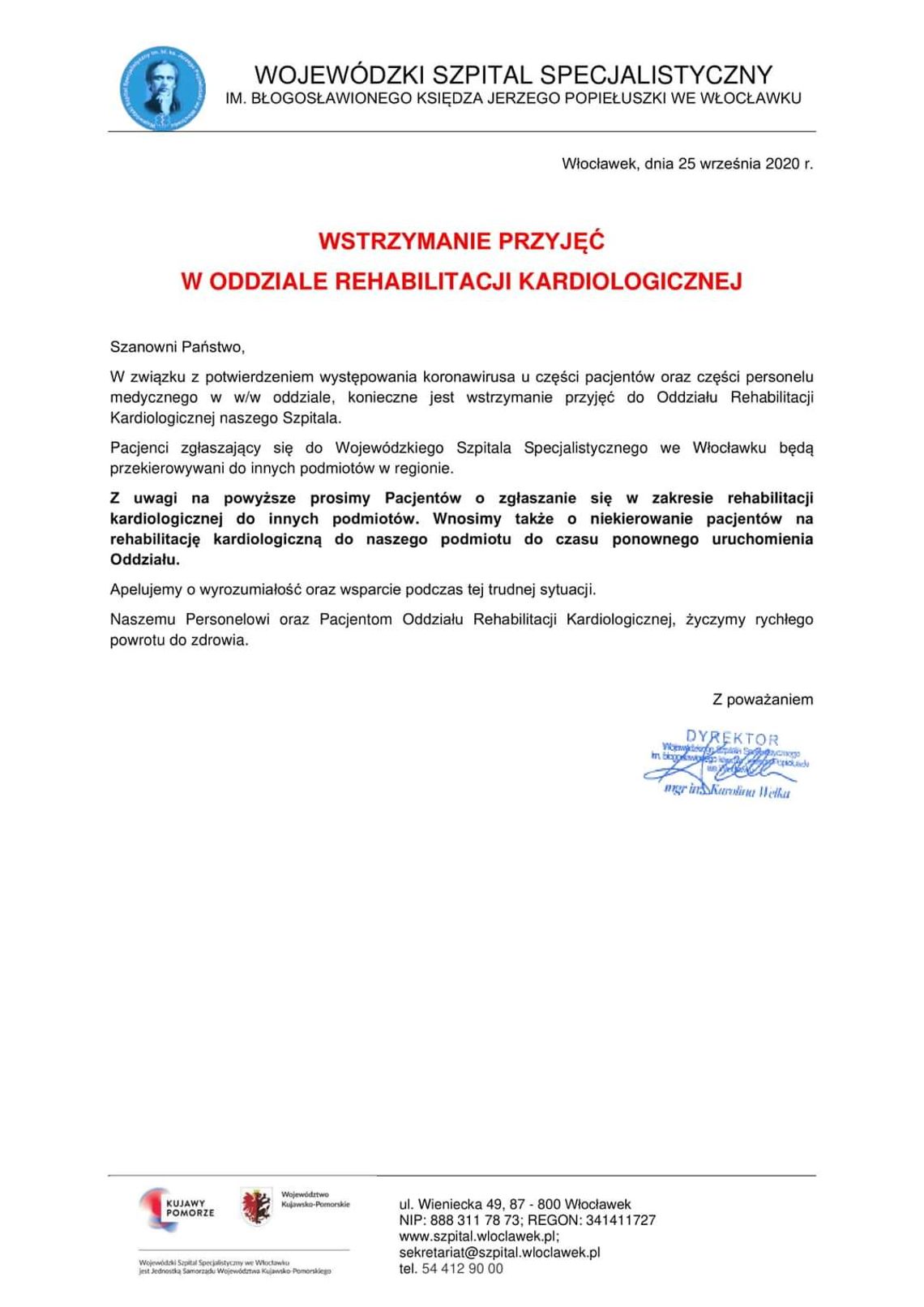 Koronawirus na Oddziale Rehabilitacji Kardiologicznej. Szpital wstrzymał przyjęcia