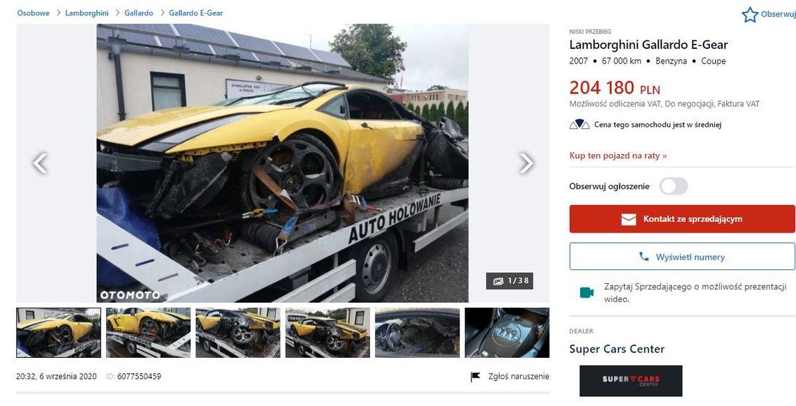 Lamborghini, które płonęło na A1 do kupienia na Otomoto! Za ile?