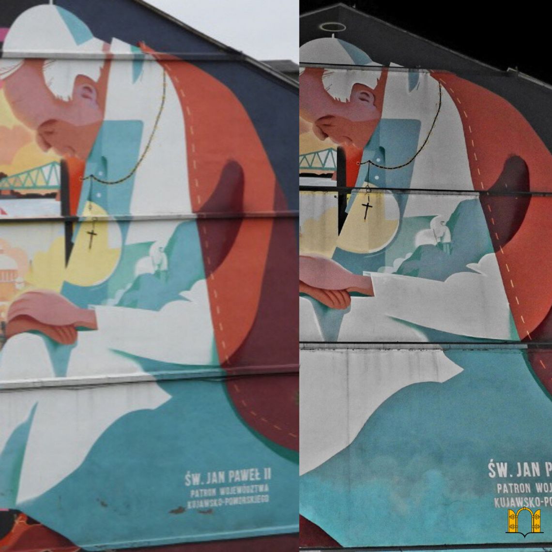 Mural Jana Pawła II został odnowiony. Odtworzono odpadniętą farbę oraz zamontowano blachy zabezpieczające Mural Jana Pawła II został odnowiony. Odtworzono odpadniętą farbę oraz zamontowano blachy zabezpieczające