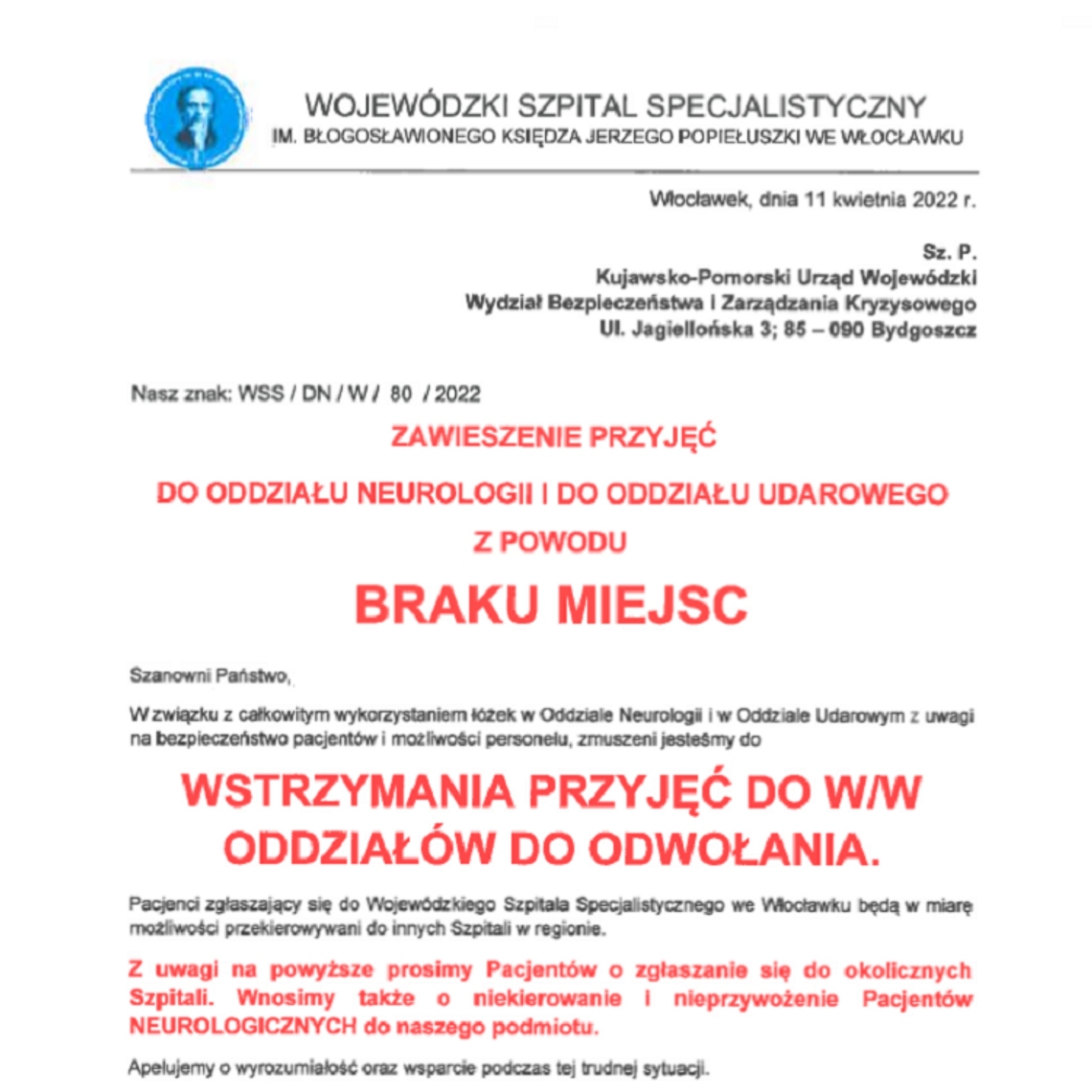 Neurologia i oddział udarowy zamknięte na nowych pacjentów. Szpitalowi brakuje miejsc dla chorych