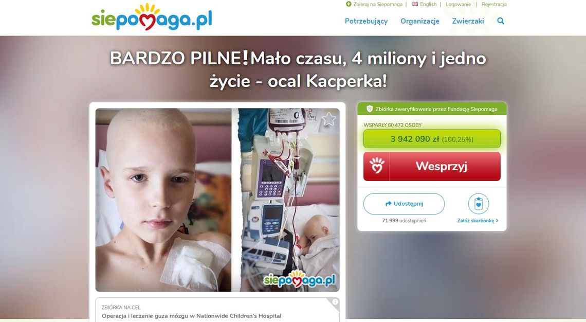 Nie ma rzeczy niemożliwych! Pieniądze na uratowanie życia Kacperka uzbierane! To ponad 4 mln złotych!
