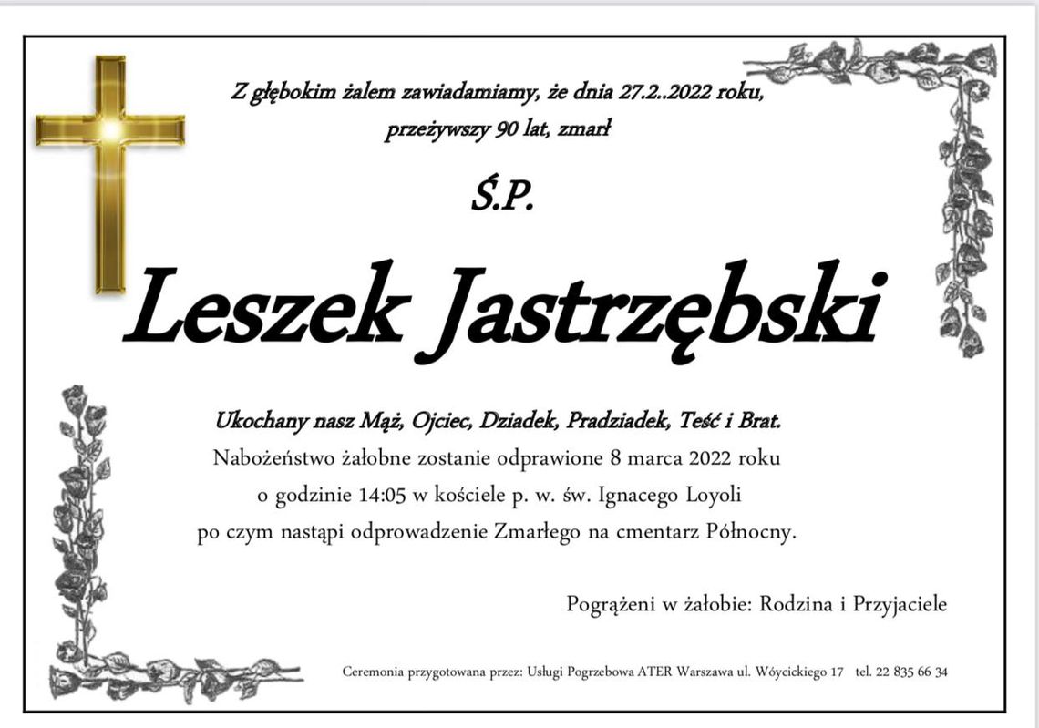 Nie żyje jeden z założycieli Aeroklubu Włocławskiego. Leszek Jastrzębski miał 90 lat Nie żyje jeden z założycieli Aeroklubu Włocławskiego. Leszek Jastrzębski miał 90 lat