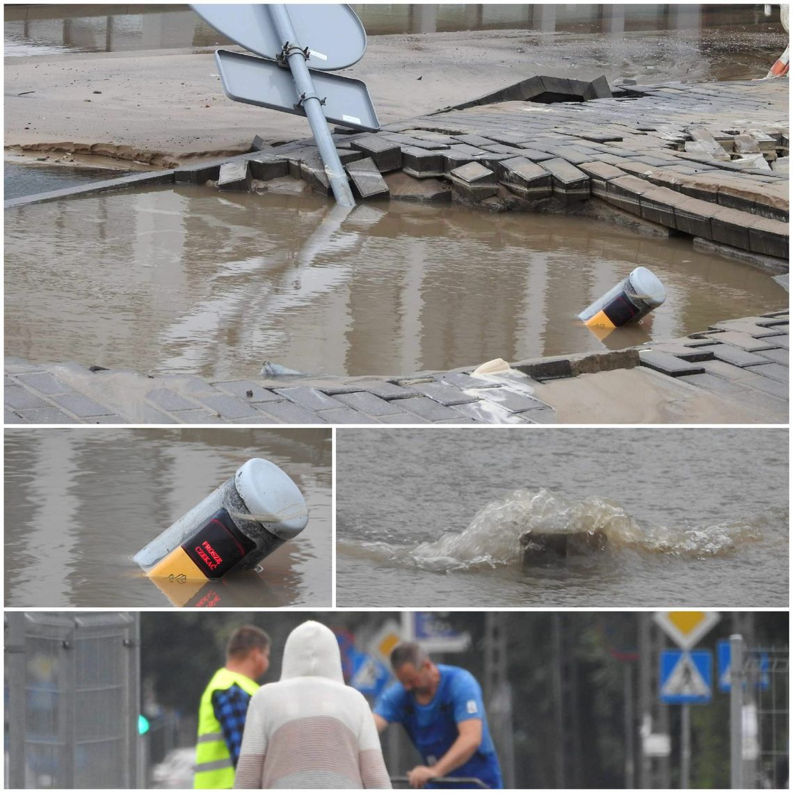 Ogromna dziura z wodą, a w niej m.in. znak drogowy. Awaria wodociągowa na skrzyżowaniu ul. Okrzei i P.O.W. Ogromna dziura z wodą, a w niej m.in. znak drogowy. Awaria wodociągowa na skrzyżowaniu ul. Okrzei i P.O.W.